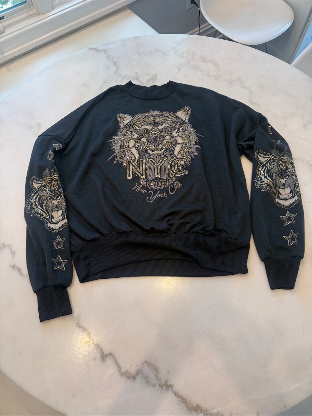 PrettyLittleThing Black Crewneck Sweatshirt with Embroidered Tiger & NYC Graphic